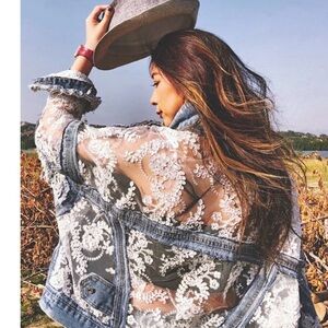 Chic Denim Jacket with White Floral Lace